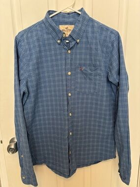 Hollister Men's Slate Blue Windowpane Plaid Button-Down Shirt Size M